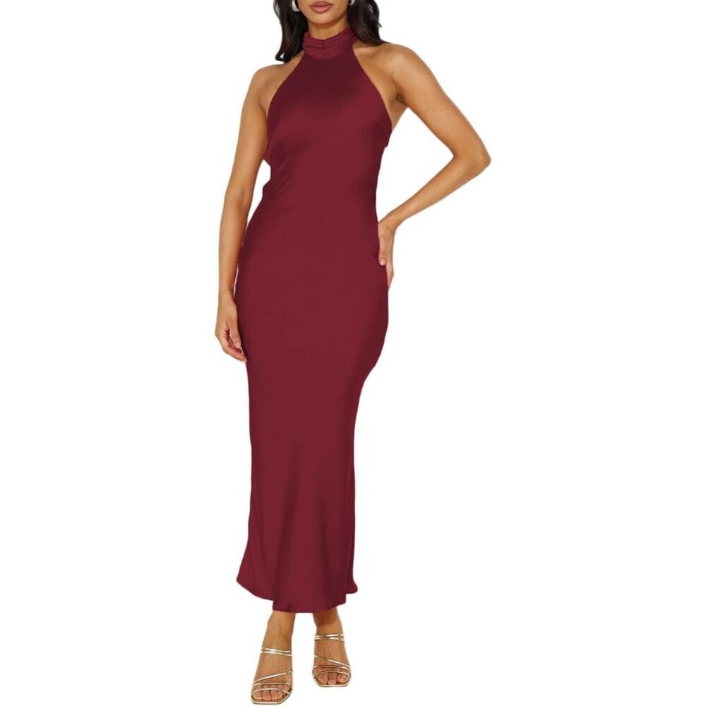 Women's Burgundy Satin Halter Neck Backless Elegant Tie Cowl Back Formal Maxi